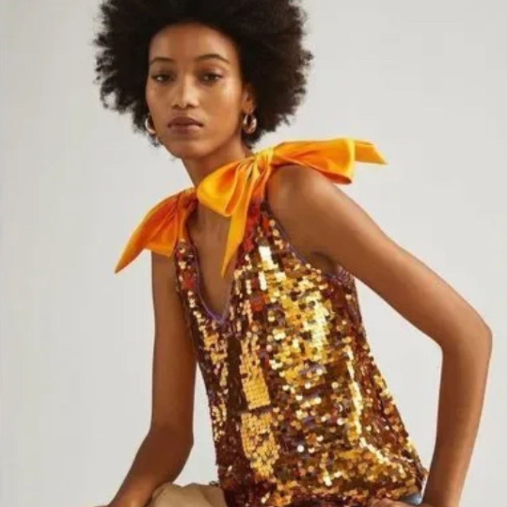 ANTHROPOLOGIE Maeve Gold Sequined Tie-Strap Tank LARGE, never worn